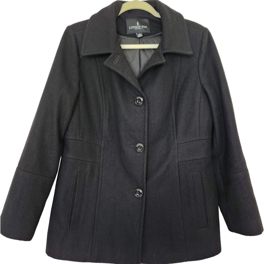 Womens Black Peacoat Wool Blend London Fog Medium Single Breasted Pockets Jacket